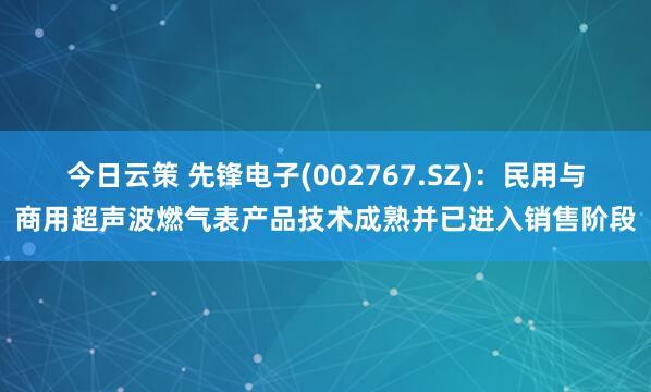 今日云策 先锋电子(002767.SZ)：民用与商用超声波燃气表产品技术成熟并已进入销售阶段